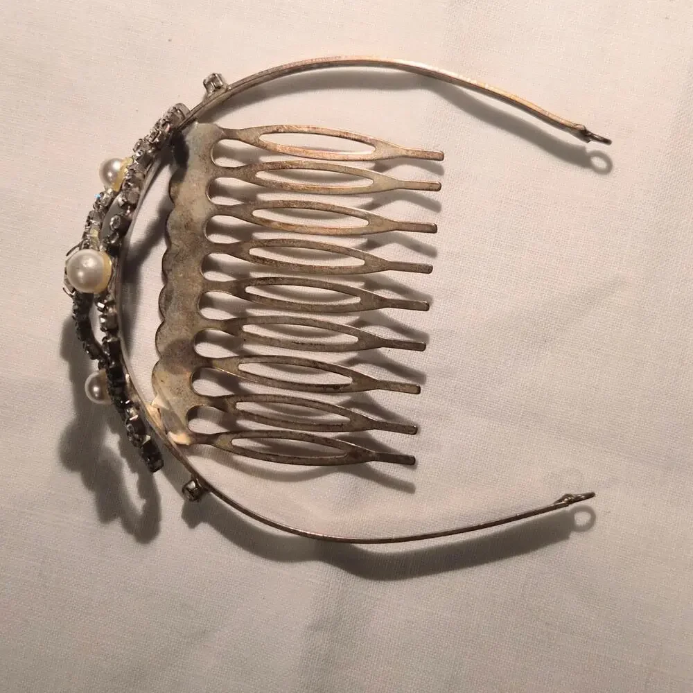 Vintage Y2K Rhinestone‎ Pearl Tiara Hair Comb Princess Fairycore Bridal Crown